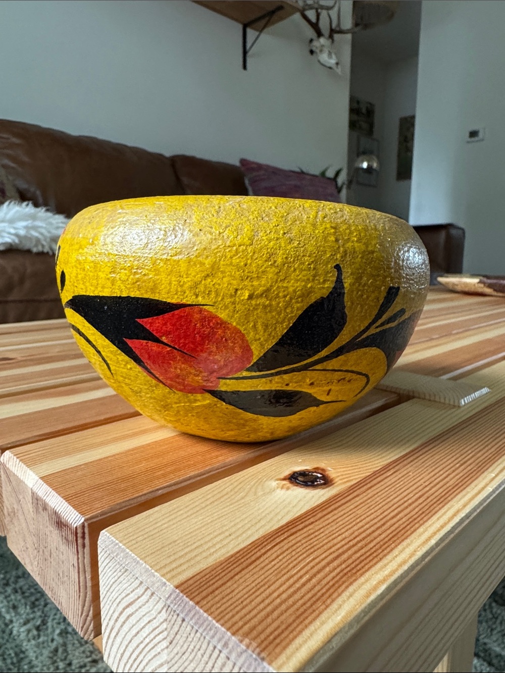 Hand-Painted Yellow Decorative Bowl with Floral Motif